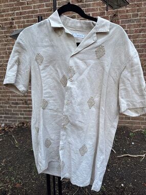 Zara Men's Short Sleeve Embroidered Button-Up Shirt - Cream